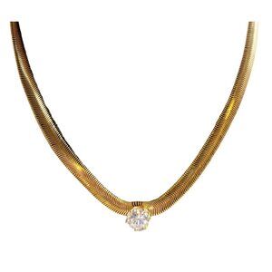 Vintage Herringbone Snake Chain Necklace 17" Gold Tone Sparkling Zircon Pendant